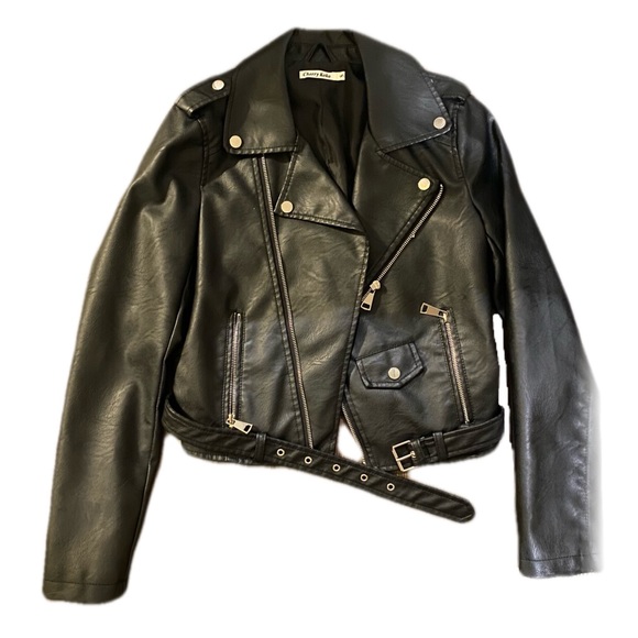 Black Vegan Leather Motorcycle Jacket w/ Silver Metal Hardware Size S - Picture 1 of 2